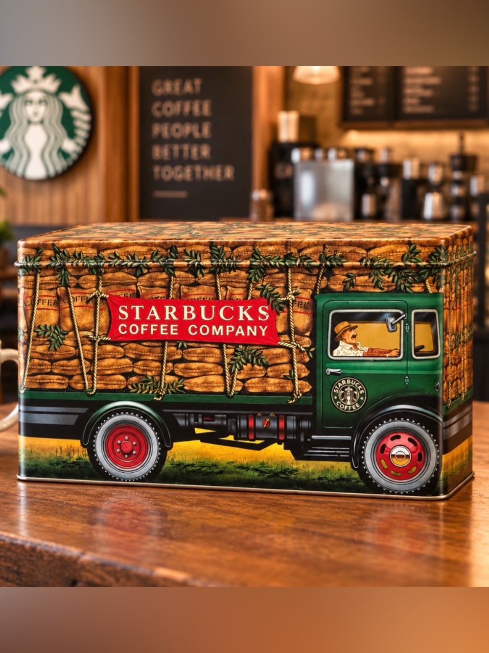 Starbucks Coffee Tin Vintage Truck Metal Box Green Red Collectible Storage Box